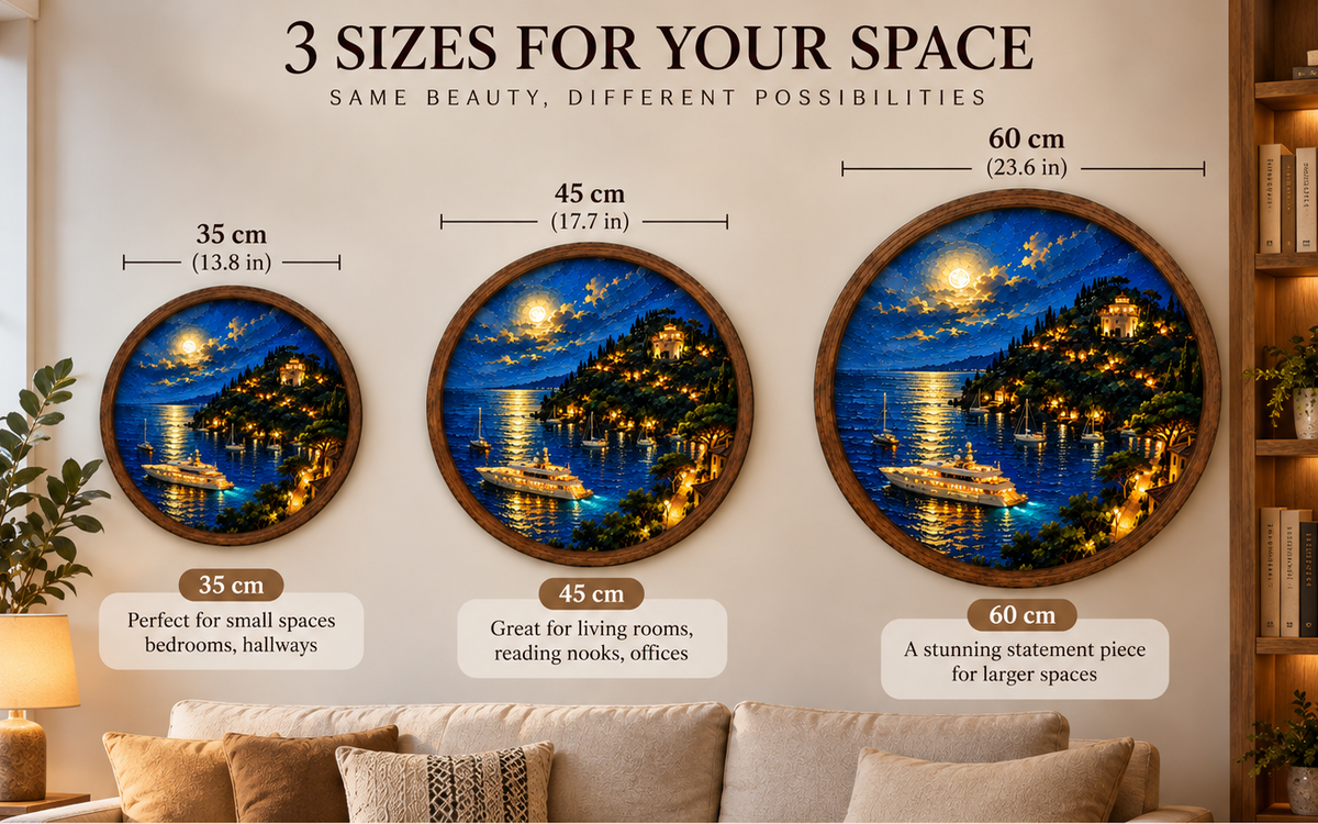 Mediterranean Coastal Night Wall Art, Round LED Lighted Wall Decor, Moonlit Sea Yacht Landscape, Luxury Coastal Home Decor