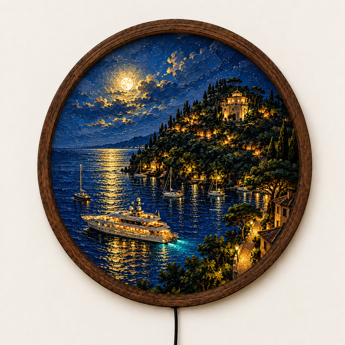 Mediterranean Coastal Night Wall Art, Round LED Lighted Wall Decor, Moonlit Sea Yacht Landscape, Luxury Coastal Home Decor