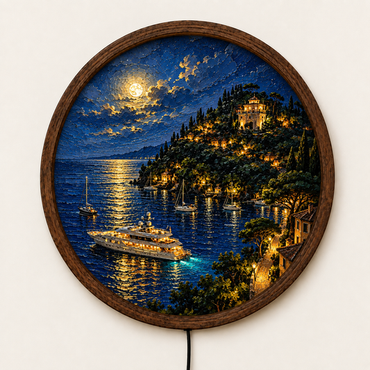 Mediterranean Coastal Night Wall Art, Round LED Lighted Wall Decor, Moonlit Sea Yacht Landscape, Luxury Coastal Home Decor