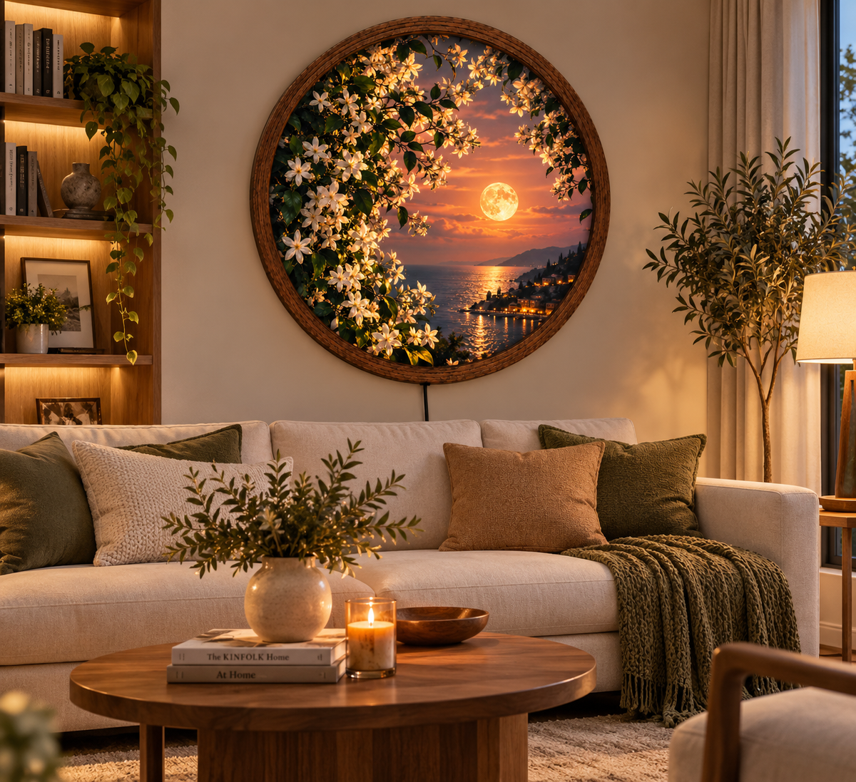 Moonlit Jasmine Flower Wall Art, Round LED Lighted Wall Decor, Coastal Sunset Landscape, Floral Nature Art, Romantic Home Decor