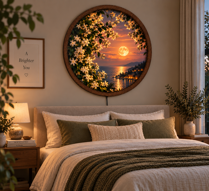 Moonlit Jasmine Flower Wall Art, Round LED Lighted Wall Decor, Coastal Sunset Landscape, Floral Nature Art, Romantic Home Decor