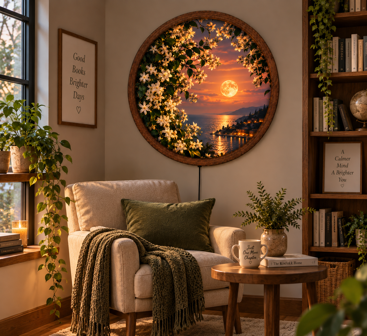 Moonlit Jasmine Flower Wall Art, Round LED Lighted Wall Decor, Coastal Sunset Landscape, Floral Nature Art, Romantic Home Decor
