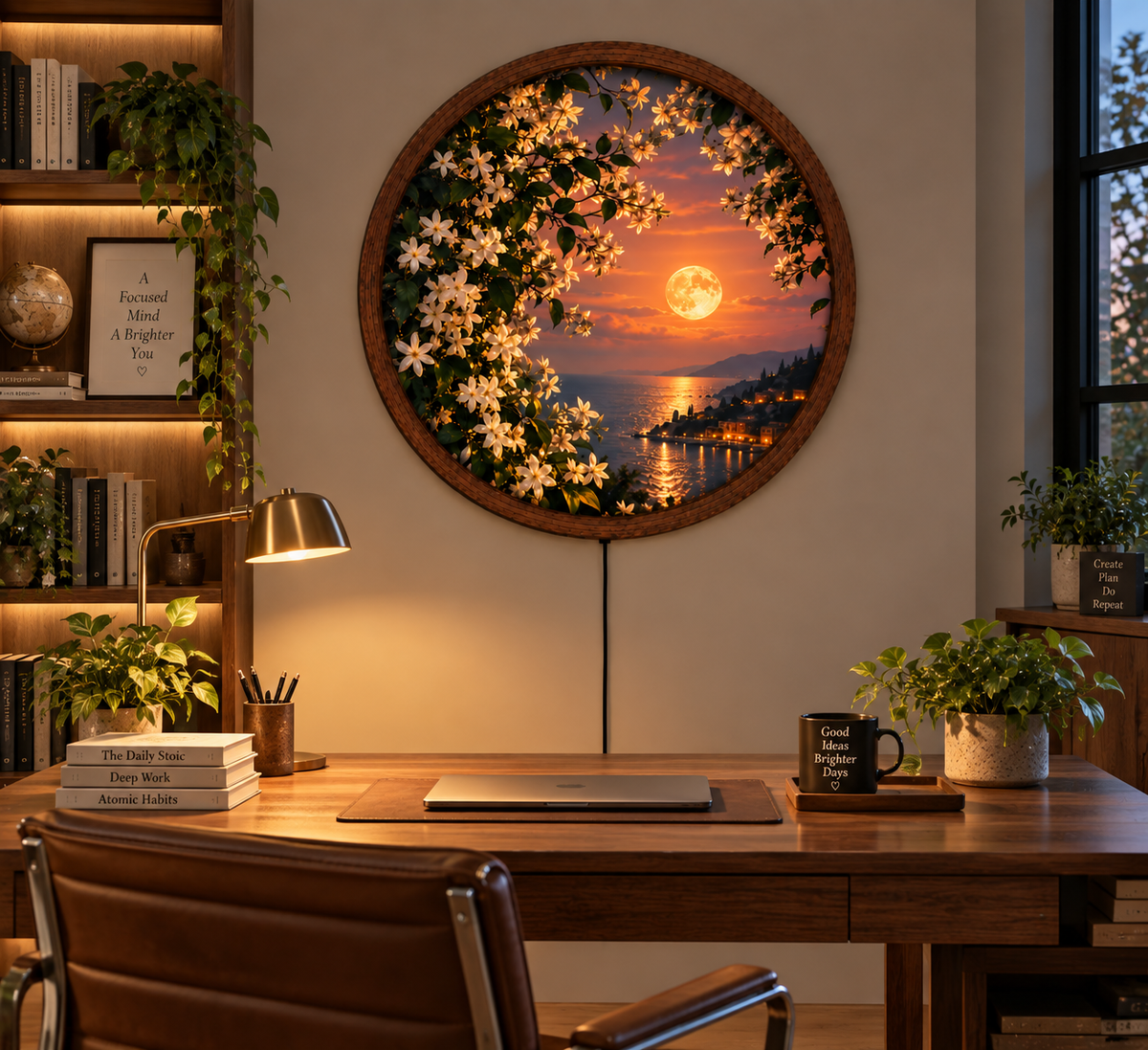 Moonlit Jasmine Flower Wall Art, Round LED Lighted Wall Decor, Coastal Sunset Landscape, Floral Nature Art, Romantic Home Decor