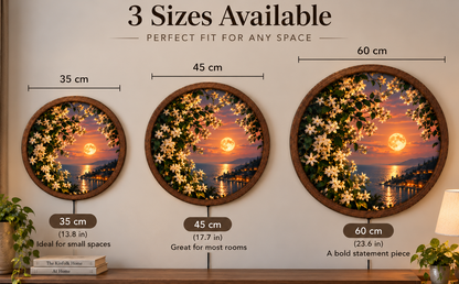 Moonlit Jasmine Flower Wall Art, Round LED Lighted Wall Decor, Coastal Sunset Landscape, Floral Nature Art, Romantic Home Decor