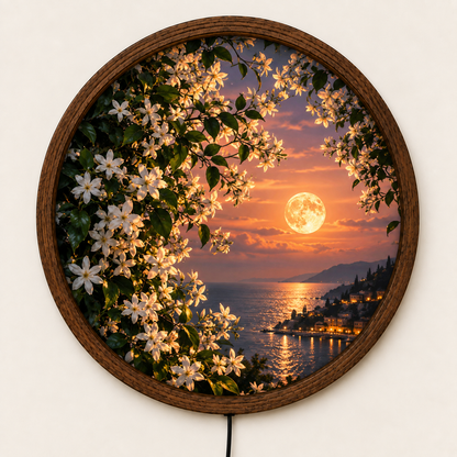 Moonlit Jasmine Flower Wall Art, Round LED Lighted Wall Decor, Coastal Sunset Landscape, Floral Nature Art, Romantic Home Decor