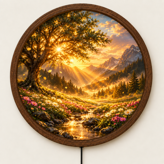 Mountain Wildflower Wall Art, Round LED Lighted Wall Decor, Golden Sunset Landscape, Forest Nature Art, Rustic Home Decor