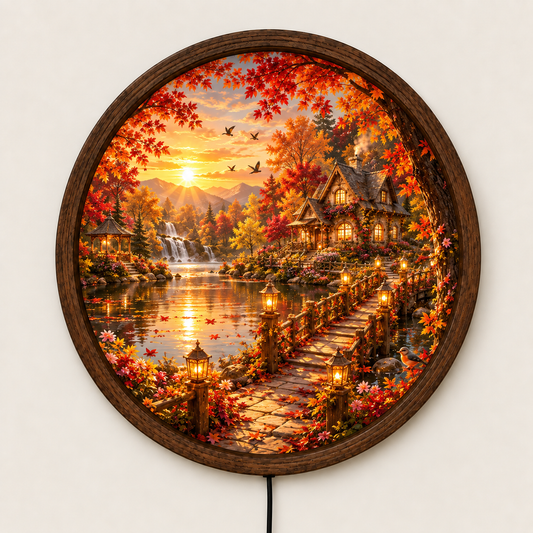 Autumn Cottage Wall Art, Round LED Lighted Wall Decor, Fall Forest Landscape, Cozy Cabin Lake Scene, Rustic Home Decor