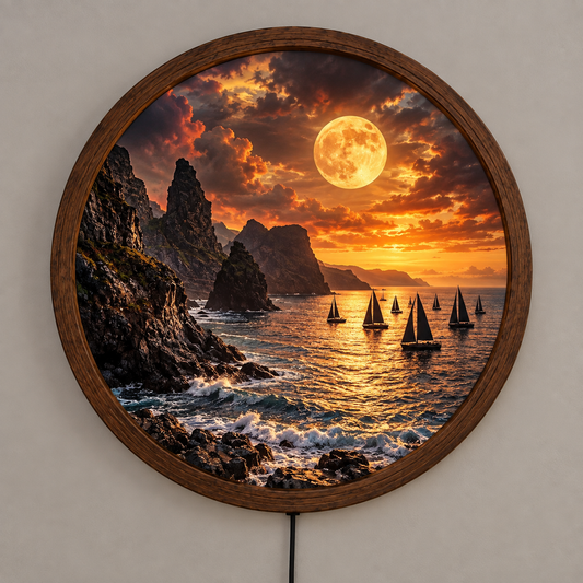 Moonlit Ocean Sailing Wall Art, Coastal Mountain LED Light, Round Seascape Wall Decor, Sunset Nautical Home Decor, Nature Wall Lamp