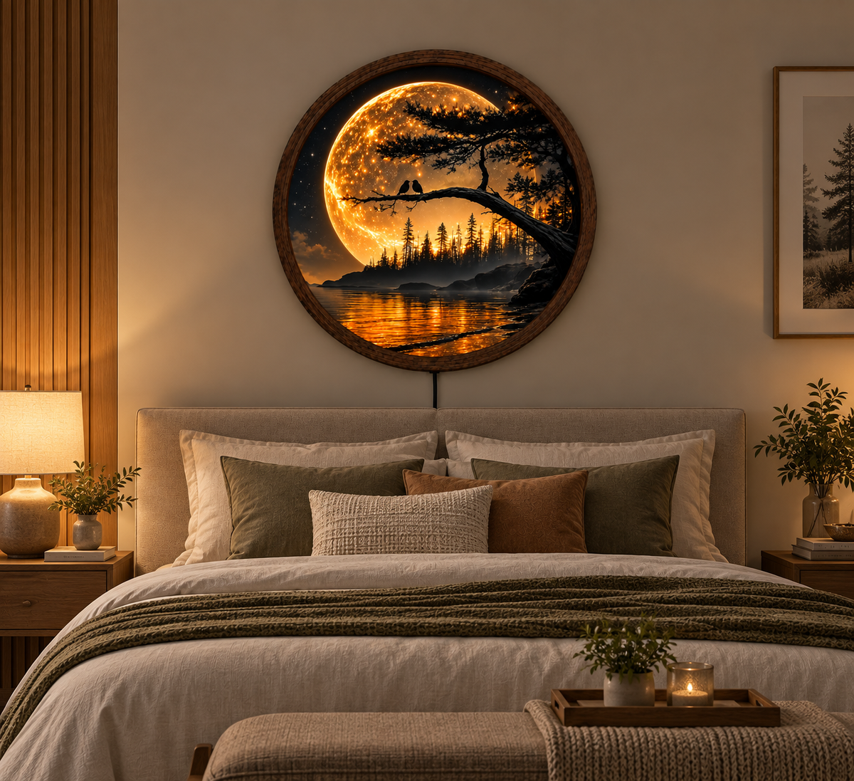 Moonlit Love Birds LED Wall Art, Romantic Forest Moon Light, Round Nature Wall Decor, Glowing Lake Landscape, Couple Gift