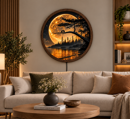 Moonlit Love Birds LED Wall Art, Romantic Forest Moon Light, Round Nature Wall Decor, Glowing Lake Landscape, Couple Gift