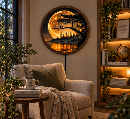 Moonlit Love Birds LED Wall Art, Romantic Forest Moon Light, Round Nature Wall Decor, Glowing Lake Landscape, Couple Gift