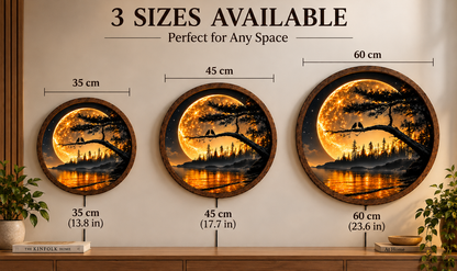 Moonlit Love Birds LED Wall Art, Romantic Forest Moon Light, Round Nature Wall Decor, Glowing Lake Landscape, Couple Gift