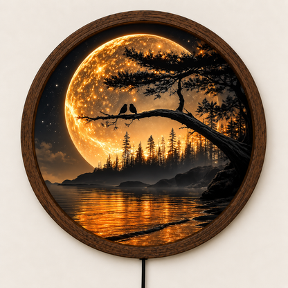 Moonlit Love Birds LED Wall Art, Romantic Forest Moon Light, Round Nature Wall Decor, Glowing Lake Landscape, Couple Gift