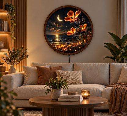 Glowing Iris Flower LED Wall Art, Crescent Moon Ocean Light, Round Floral Wall Decor, Night Seascape Art, Botanical Home Decor