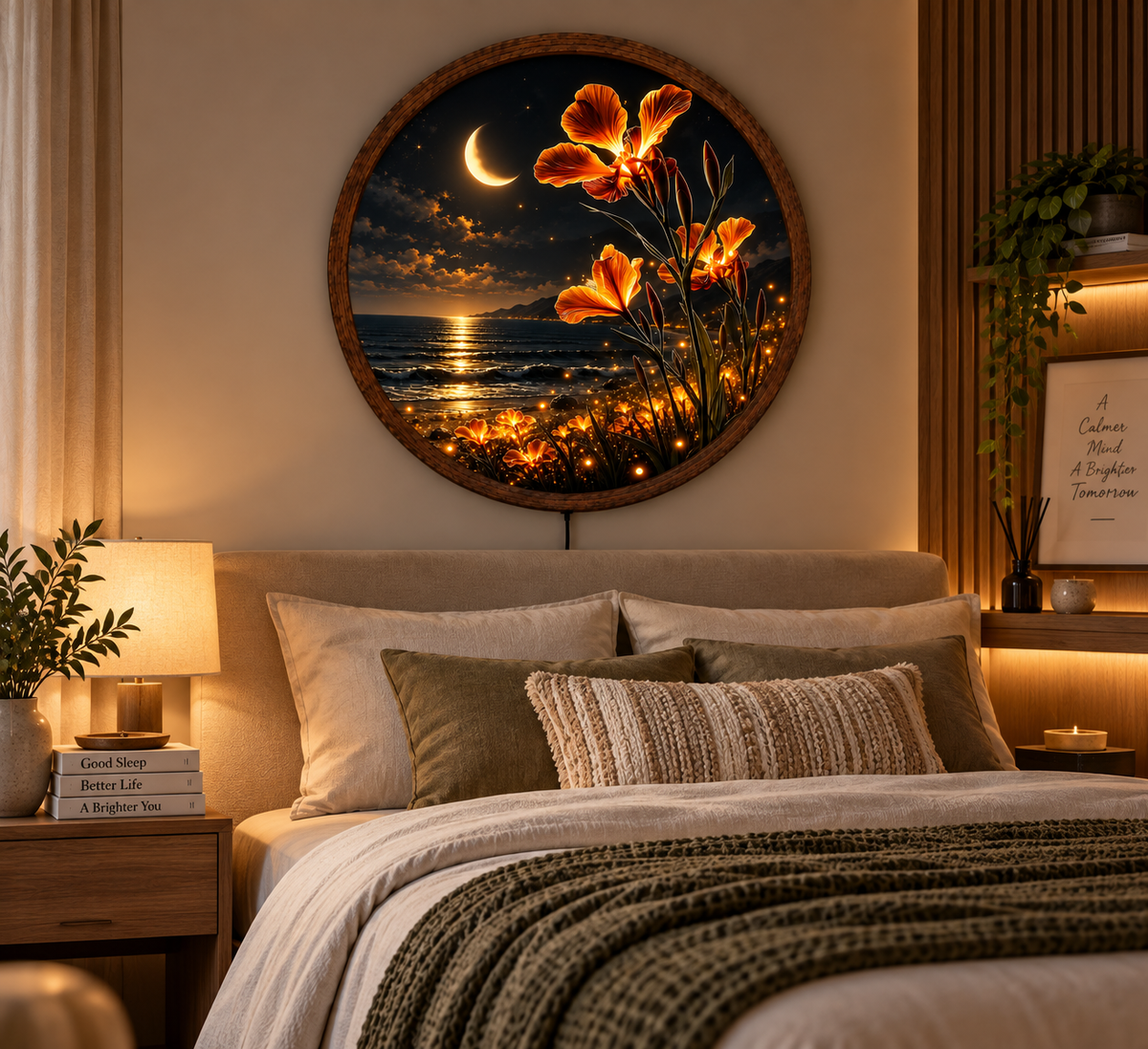 Glowing Iris Flower LED Wall Art, Crescent Moon Ocean Light, Round Floral Wall Decor, Night Seascape Art, Botanical Home Decor