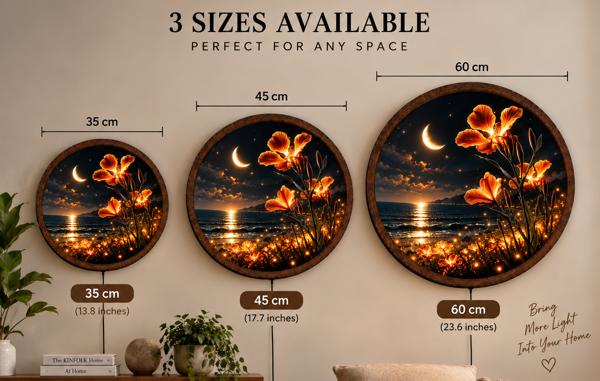 Glowing Iris Flower LED Wall Art, Crescent Moon Ocean Light, Round Floral Wall Decor, Night Seascape Art, Botanical Home Decor