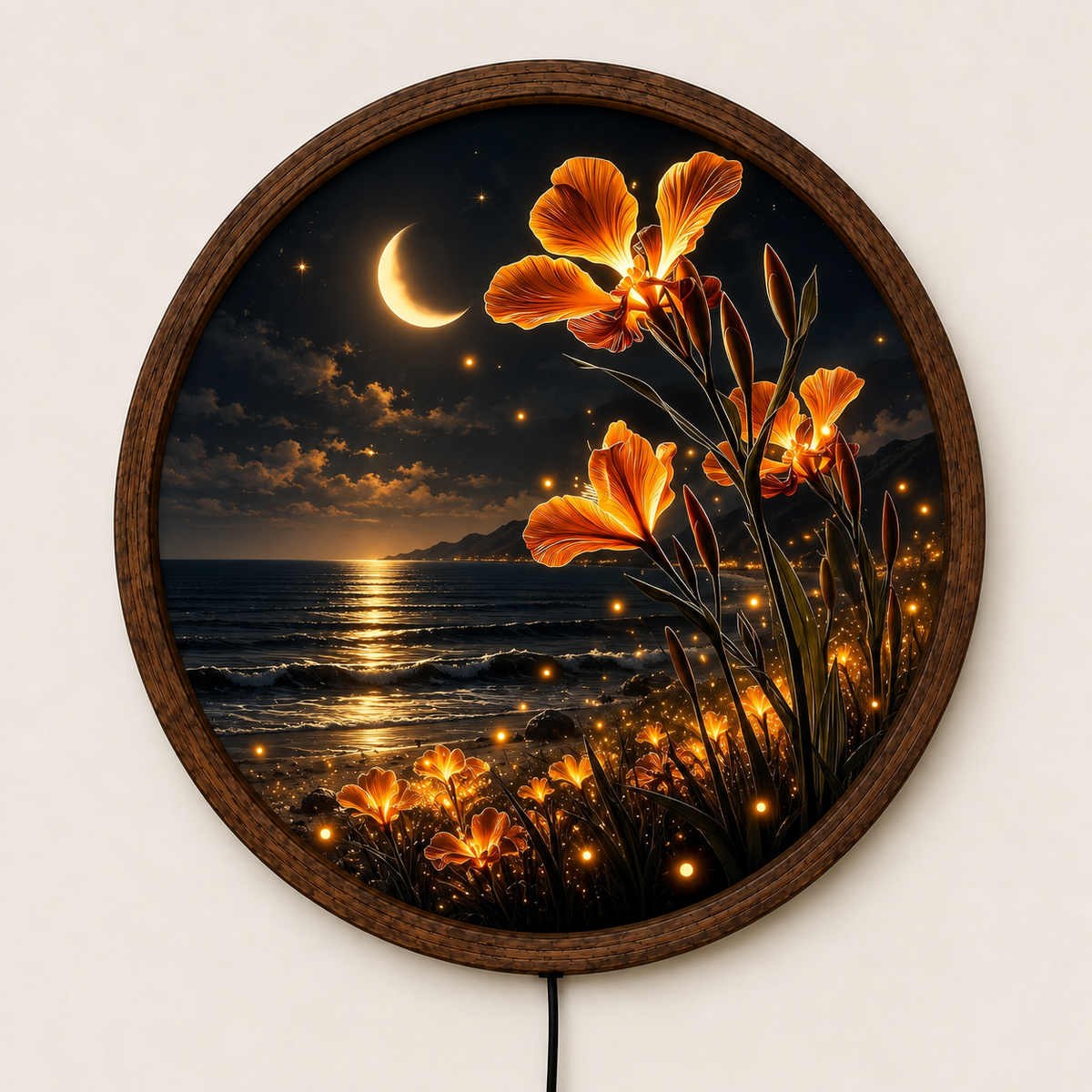 Glowing Iris Flower LED Wall Art, Crescent Moon Ocean Light, Round Floral Wall Decor, Night Seascape Art, Botanical Home Decor