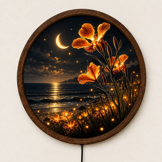 Glowing Iris Flower LED Wall Art, Crescent Moon Ocean Light, Round Floral Wall Decor, Night Seascape Art, Botanical Home Decor