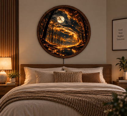 Enchanted Moon Forest LED Wall Art, Glowing Woodland Night Light, Round Fantasy Nature Wall Decor, Magical Forest Home Decor