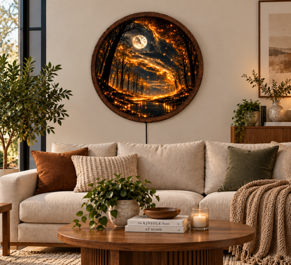 Enchanted Moon Forest LED Wall Art, Glowing Woodland Night Light, Round Fantasy Nature Wall Decor, Magical Forest Home Decor