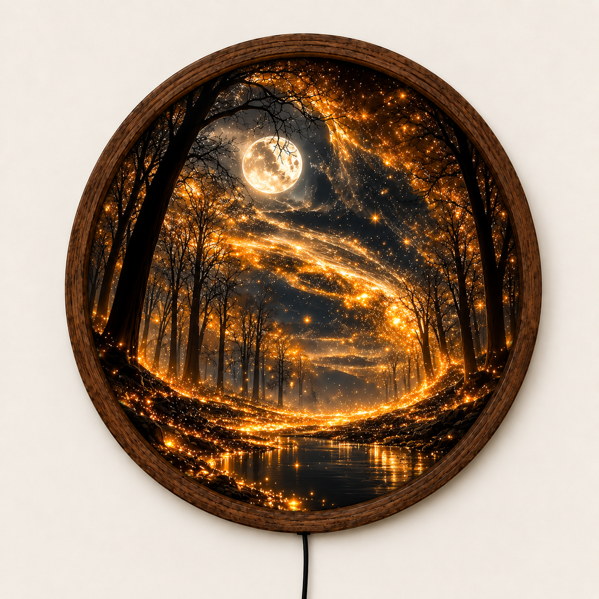 Enchanted Moon Forest LED Wall Art, Glowing Woodland Night Light, Round Fantasy Nature Wall Decor, Magical Forest Home Decor