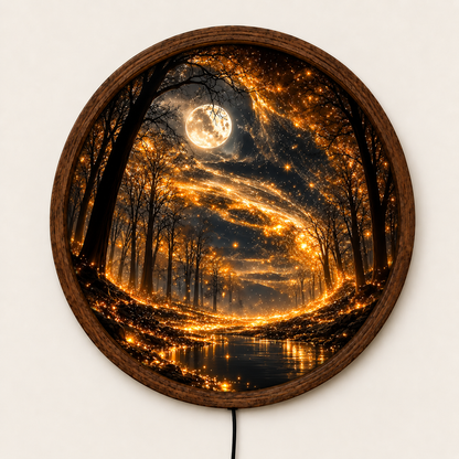 Enchanted Moon Forest LED Wall Art, Glowing Woodland Night Light, Round Fantasy Nature Wall Decor, Magical Forest Home Decor