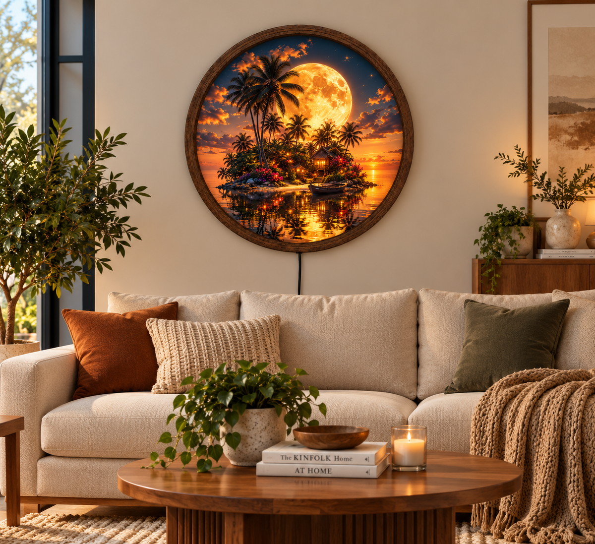 Tropical Island Moon LED Wall Art, Palm Tree Sunset Light, Round Beach Wall Decor, Coastal Ocean Night Art, Paradise Home Decor