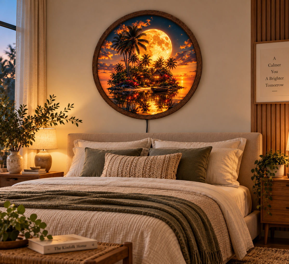 Tropical Island Moon LED Wall Art, Palm Tree Sunset Light, Round Beach Wall Decor, Coastal Ocean Night Art, Paradise Home Decor