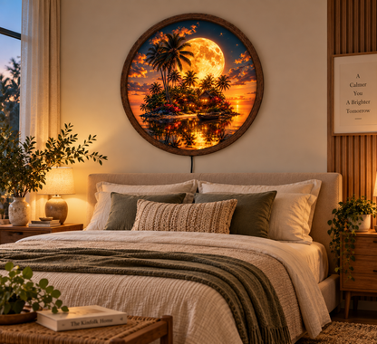 Tropical Island Moon LED Wall Art, Palm Tree Sunset Light, Round Beach Wall Decor, Coastal Ocean Night Art, Paradise Home Decor