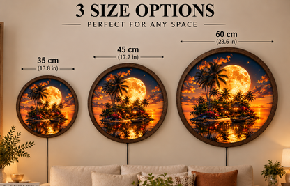 Tropical Island Moon LED Wall Art, Palm Tree Sunset Light, Round Beach Wall Decor, Coastal Ocean Night Art, Paradise Home Decor