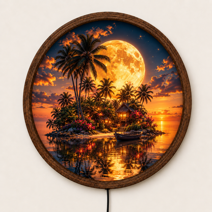 Tropical Island Moon LED Wall Art, Palm Tree Sunset Light, Round Beach Wall Decor, Coastal Ocean Night Art, Paradise Home Decor