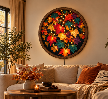 Autumn Maple Leaf LED Wall Art, Fall Leaves Lighted Round Wall Decor, Rustic Nature Wall Lamp, Cozy Fall Home Decor, Thanksgiving Gift