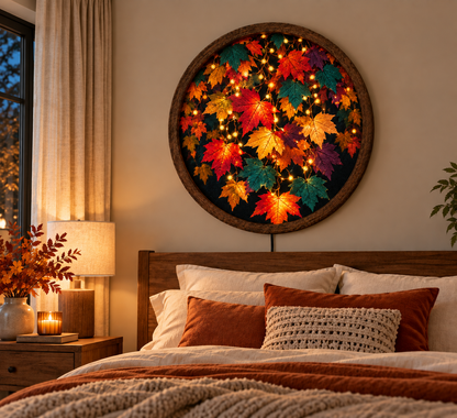 Autumn Maple Leaf LED Wall Art, Fall Leaves Lighted Round Wall Decor, Rustic Nature Wall Lamp, Cozy Fall Home Decor, Thanksgiving Gift