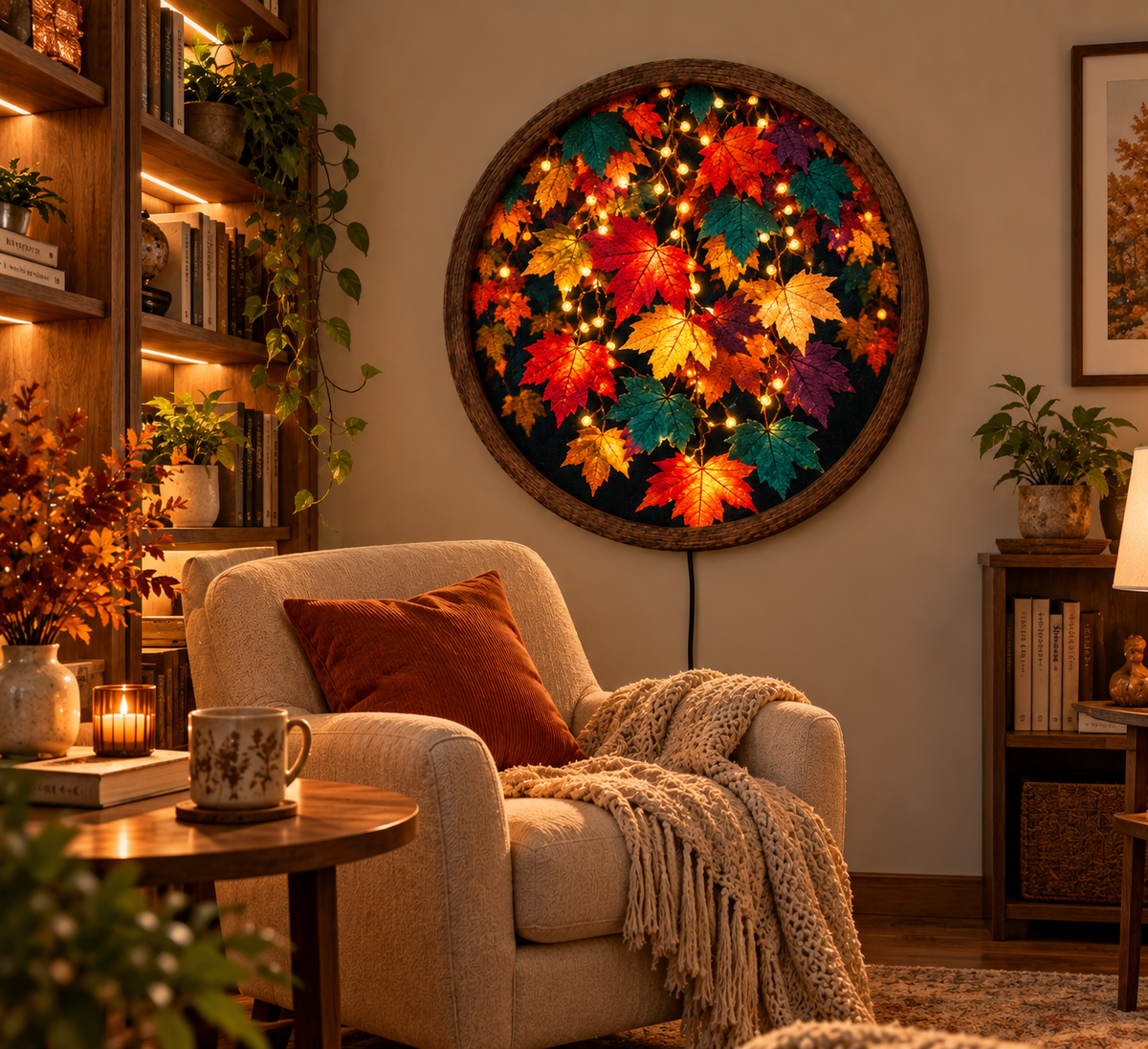 Autumn Maple Leaf LED Wall Art, Fall Leaves Lighted Round Wall Decor, Rustic Nature Wall Lamp, Cozy Fall Home Decor, Thanksgiving Gift