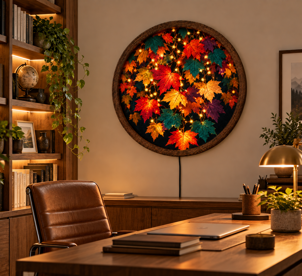 Autumn Maple Leaf LED Wall Art, Fall Leaves Lighted Round Wall Decor, Rustic Nature Wall Lamp, Cozy Fall Home Decor, Thanksgiving Gift