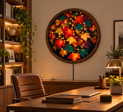 Autumn Maple Leaf LED Wall Art, Fall Leaves Lighted Round Wall Decor, Rustic Nature Wall Lamp, Cozy Fall Home Decor, Thanksgiving Gift