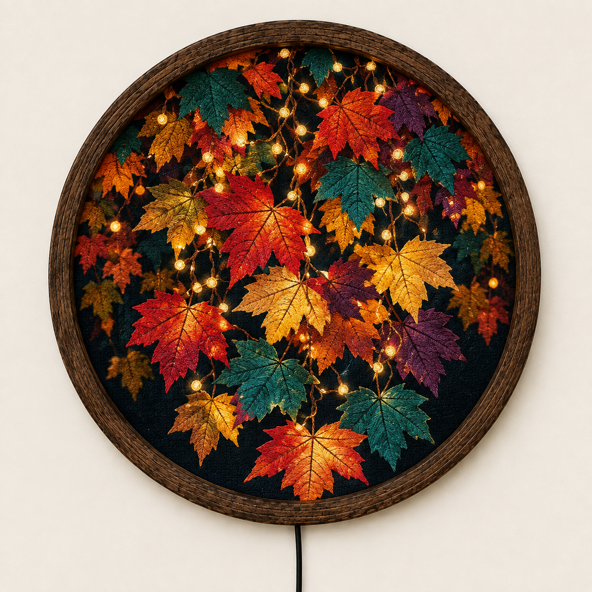 Autumn Maple Leaf LED Wall Art, Fall Leaves Lighted Round Wall Decor, Rustic Nature Wall Lamp, Cozy Fall Home Decor, Thanksgiving Gift