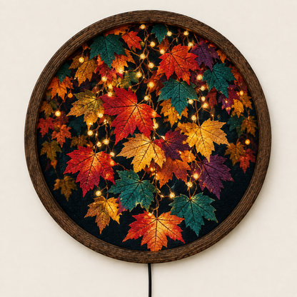 Autumn Maple Leaf LED Wall Art, Fall Leaves Lighted Round Wall Decor, Rustic Nature Wall Lamp, Cozy Fall Home Decor, Thanksgiving Gift