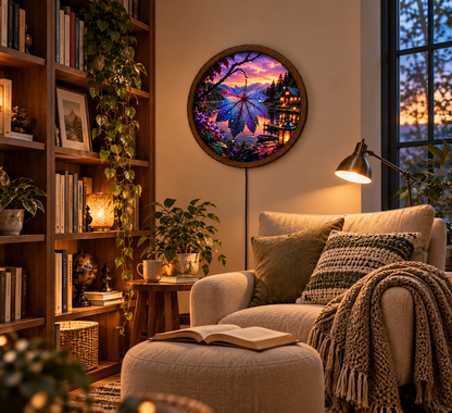 Maple Leaf LED Wall Art, Autumn Lake Sunset Lighted Wall Decor, Rustic Cabin Nature Wall Lamp, Fall Home Decor, Cozy Mountain Gift