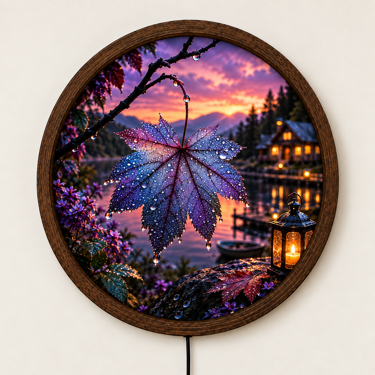 Maple Leaf LED Wall Art, Autumn Lake Sunset Lighted Wall Decor, Rustic Cabin Nature Wall Lamp, Fall Home Decor, Cozy Mountain Gift