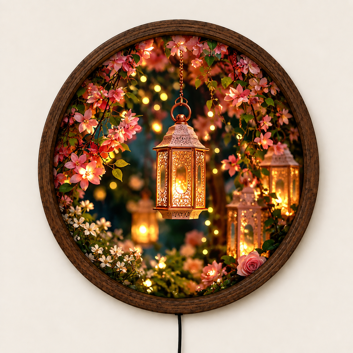 Floral Lantern LED Wall Art, Enchanted Garden Lighted Wall Decor, Pink Flower Round Wall Lamp, Romantic Botanical Home Decor, Cozy Gift