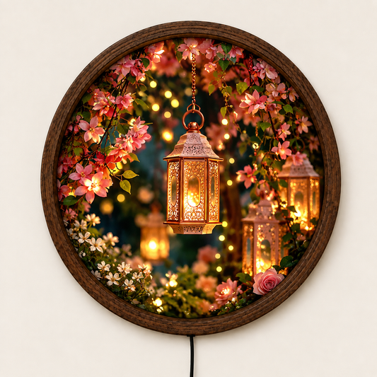 Floral Lantern LED Wall Art, Enchanted Garden Lighted Wall Decor, Pink Flower Round Wall Lamp, Romantic Botanical Home Decor, Cozy Gift