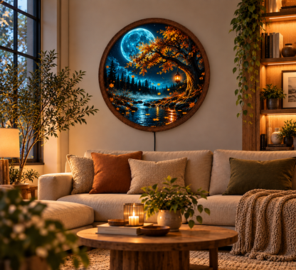Moonlit Forest LED Wall Art, Autumn Tree Lighted Wall Decor, Full Moon Landscape Wall Lamp, Rustic Nature Home Decor, Cozy Fall Gift