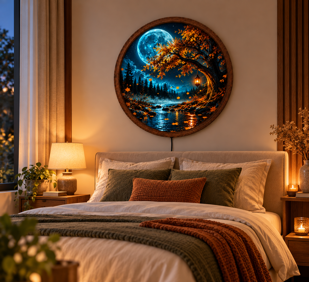 Moonlit Forest LED Wall Art, Autumn Tree Lighted Wall Decor, Full Moon Landscape Wall Lamp, Rustic Nature Home Decor, Cozy Fall Gift