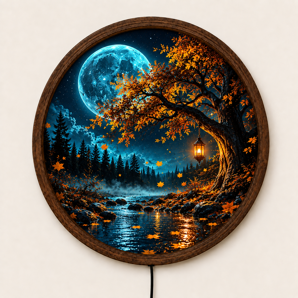 Moonlit Forest LED Wall Art, Autumn Tree Lighted Wall Decor, Full Moon Landscape Wall Lamp, Rustic Nature Home Decor, Cozy Fall Gift
