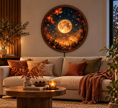 Full Moon LED Wall Art, Autumn Forest Lighted Wall Decor, Fall Leaves Moon Wall Lamp, Enchanted Night Nature Decor, Cozy Fall Gift