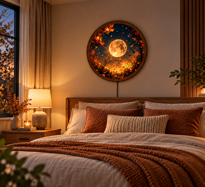 Full Moon LED Wall Art, Autumn Forest Lighted Wall Decor, Fall Leaves Moon Wall Lamp, Enchanted Night Nature Decor, Cozy Fall Gift