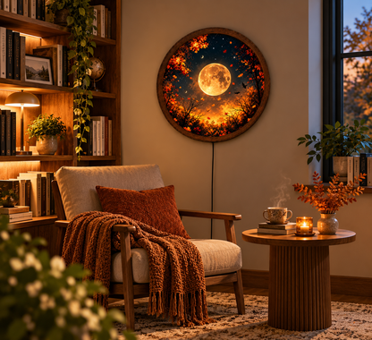 Full Moon LED Wall Art, Autumn Forest Lighted Wall Decor, Fall Leaves Moon Wall Lamp, Enchanted Night Nature Decor, Cozy Fall Gift