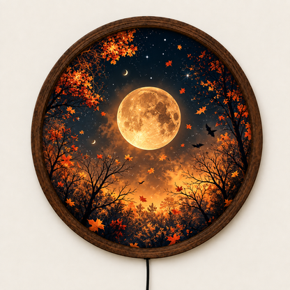 Full Moon LED Wall Art, Autumn Forest Lighted Wall Decor, Fall Leaves Moon Wall Lamp, Enchanted Night Nature Decor, Cozy Fall Gift