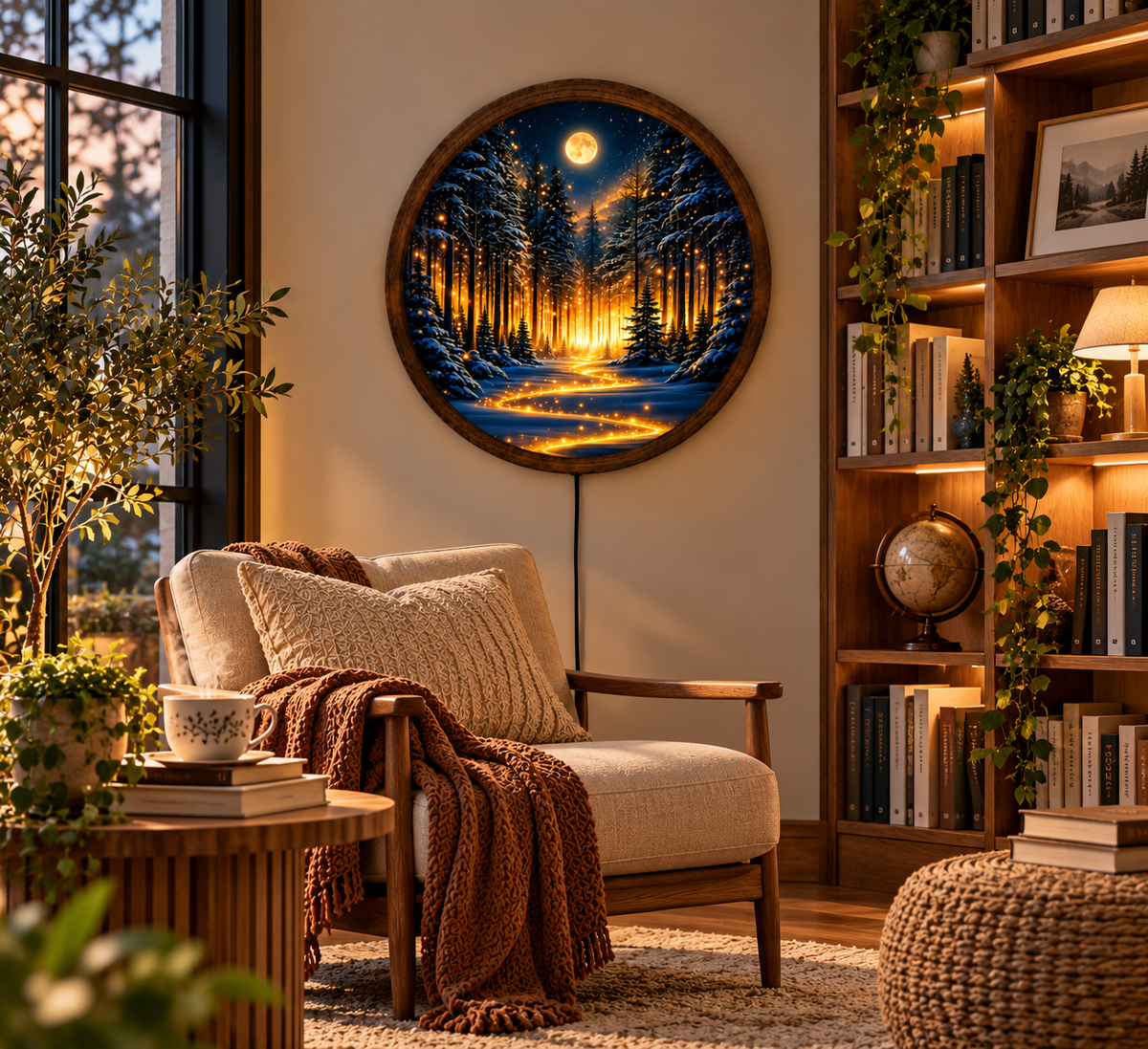 Winter Forest LED Wall Art, Moonlit Snowy Pine Lighted Wall Decor, Enchanted Woodland Wall Lamp, Christmas Home Decor, Winter Gift